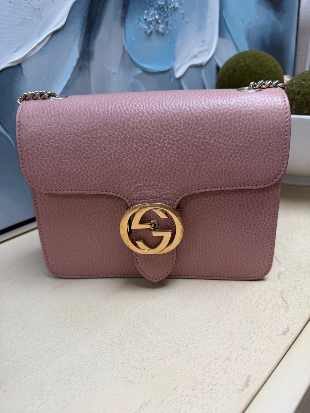 Gucci Pink Pebbled Leather Chain Shoulder Bag with Gold GG Accent